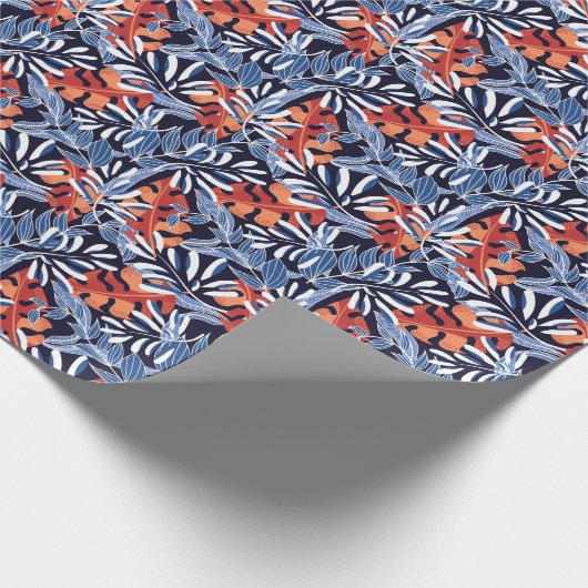 Kleurrijke tropische bladeren blauwe achtergrond cadeaupapier (Hoek)