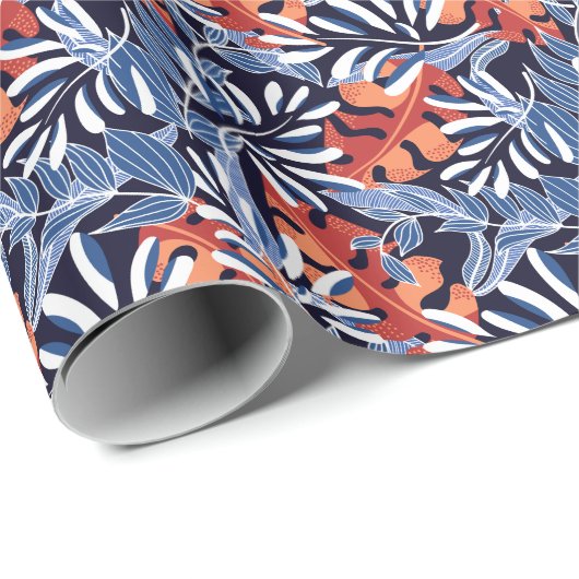 Kleurrijke tropische bladeren blauwe achtergrond cadeaupapier (Rol Hoek)