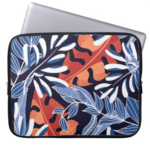 Kleurrijke tropische bladeren blauwe achtergrond laptop sleeve