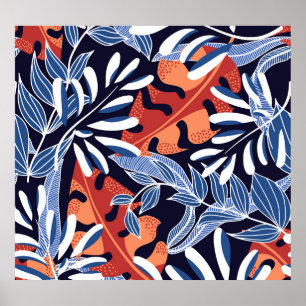 Kleurrijke tropische bladeren blauwe achtergrond poster
