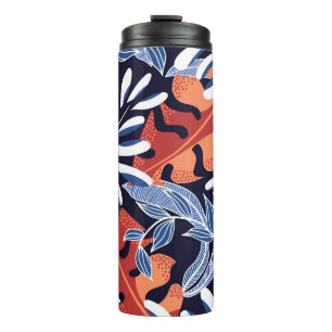 Kleurrijke tropische bladeren blauwe achtergrond thermosbeker