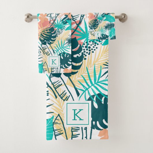 Kleurrijke tropische bladeren collage monogram bad handdoek (Insitu)