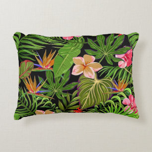 Kleurrijke Tropische Bladeren en Hibiscus Bloemen Accent Kussen