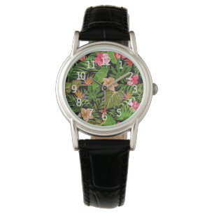 Kleurrijke Tropische Bladeren en Hibiscus Bloemen  Horloge