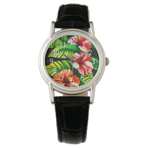 Kleurrijke Tropische Bladeren en Hibiscus Bloemen Horloge