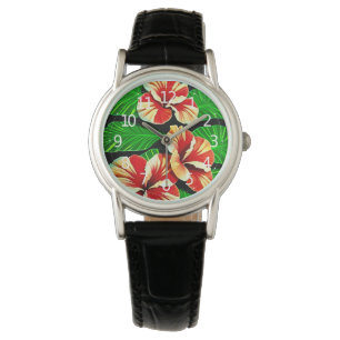 Kleurrijke Tropische Bladeren en Hibiscus Bloemen Horloge
