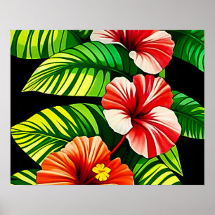 Kleurrijke Tropische Bladeren en Hibiscus Bloemen  Poster