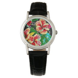 Kleurrijke tropische bladeren en hibiscusbloemen horloge