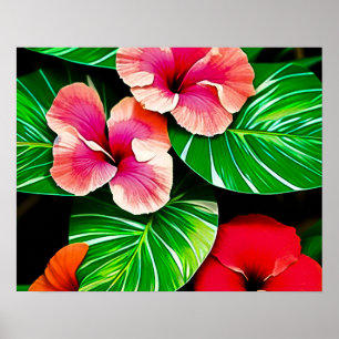 Kleurrijke tropische bladeren en hibiscusbloemen poster