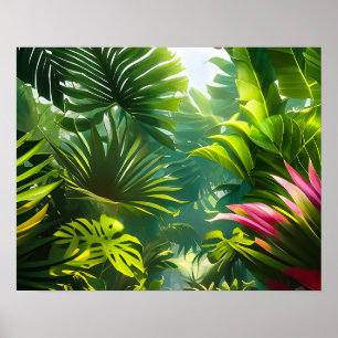 Kleurrijke tropische bladeren en hibiscusbloemen   poster