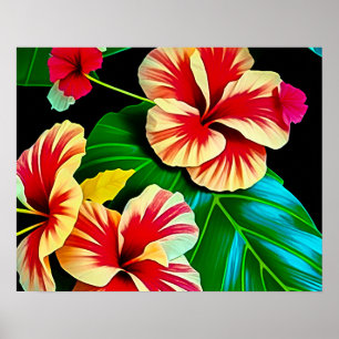 Kleurrijke tropische bladeren en hibiscusbloemen poster