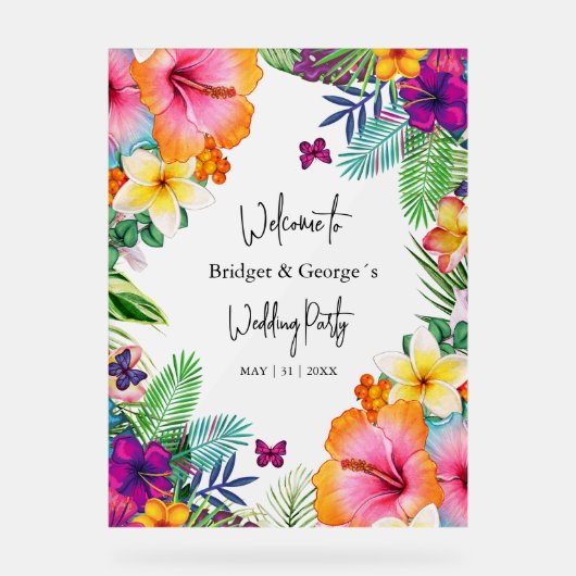 Kleurrijke tropische bloem ijzige huwelijks welkom acryl bord (Voorkant)