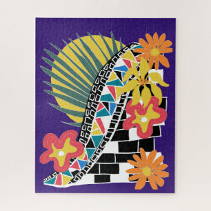 Kleurrijke Tropische Bloem Motief in Mozaïekstijl  Legpuzzel