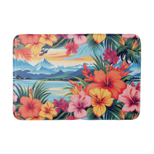 Kleurrijke tropische bloemen & landschap badmat