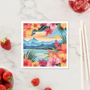 Kleurrijke tropische bloemen & landschap servet