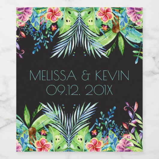 Kleurrijke tropische bloemen onze trouwdag wijn etiket (Enkel label)