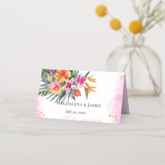 Kleurrijke Tropische Bloemen Roze & Oranje Bruilof (Achterkant)