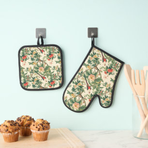 Kleurrijke Tropische Bloemen Vogels Ovenwant & Pannenlap Set