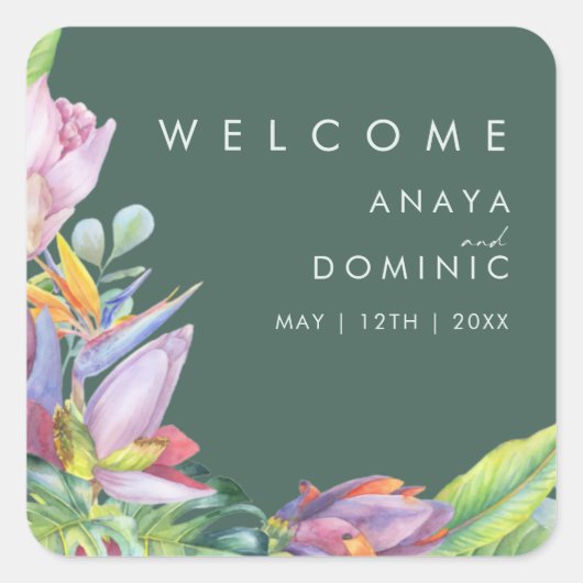 Kleurrijke tropische Floral | Welkom groene bruilo Vierkante Sticker (Voorkant)