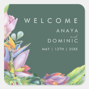 Kleurrijke tropische Floral   Welkom groene bruilo Vierkante Sticker