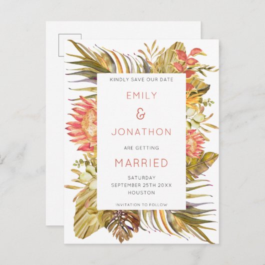 Kleurrijke Tropische Foliage Bruiloft Save the Dat Aankondigingskaart (Voorkant / Achterkant)