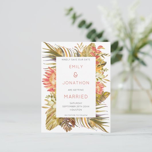Kleurrijke Tropische Foliage Bruiloft Save the Dat Aankondigingskaart (Staand voorkant)