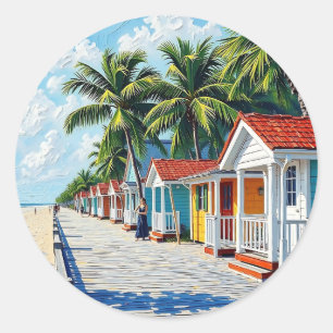 Kleurrijke Tropische Levendige Strandhuisjes Ronde Sticker