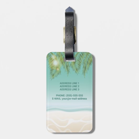Kleurrijke tropische oceaan strand zomer palmblade bagagelabel (Achterkant verticaal)