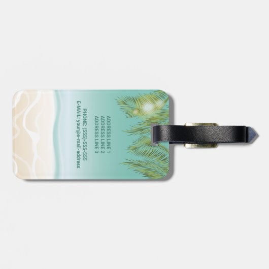 Kleurrijke tropische oceaan strand zomer palmblade bagagelabel (Achterkant horizontaal)