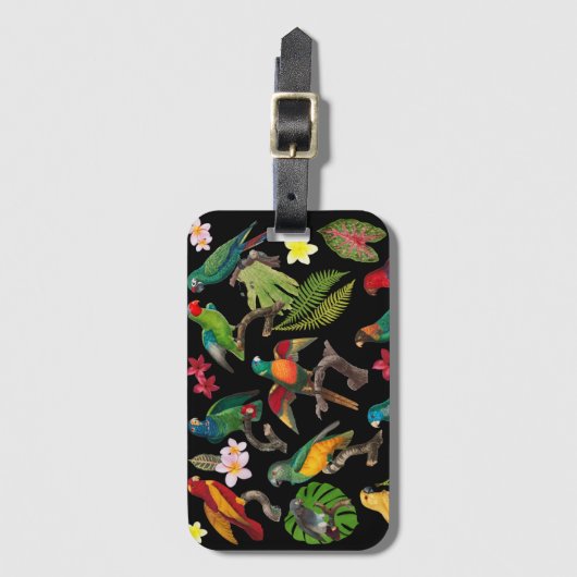 Kleurrijke tropische parrots, bladeren en bloemen bagagelabel (Voorkant (verticaal))