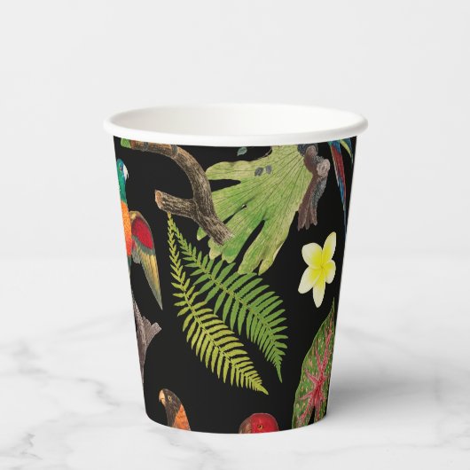 Kleurrijke tropische parrots, bladeren en bloemen papieren bekers (Achterkant)