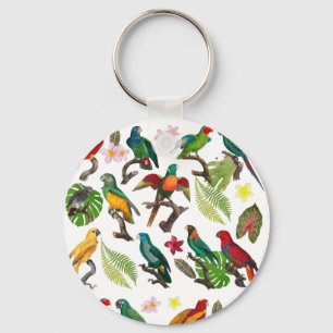 Kleurrijke tropische parrots, bladeren en bloemen sleutelhanger
