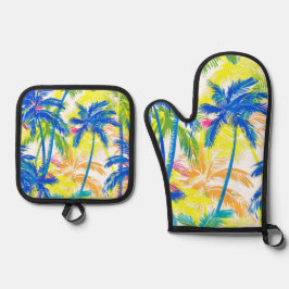 KLEURRIJKE TROPISCHE RETRO PALMBOMEN OVENWANT & PANNENLAP SET