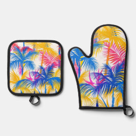 KLEURRIJKE TROPISCHE RETRO PALMBOMEN OVENWANT & PANNENLAP SET