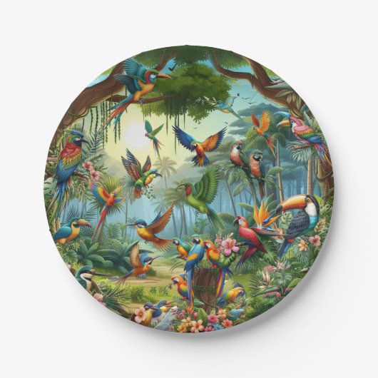 Kleurrijke tropische vogels tussen levendig, weeld papieren bordje (Voorkant)