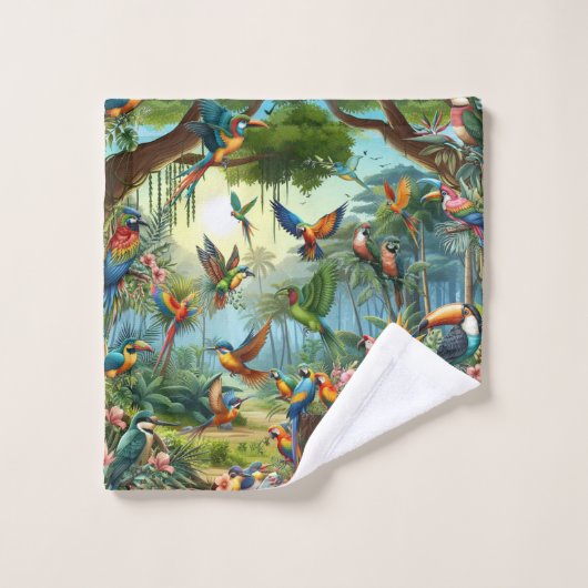 Kleurrijke tropische vogels tussen levendige, weel bad handdoek (Wasdoekje)