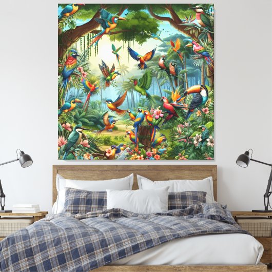 Kleurrijke tropische vogels tussen levendige, weel canvas afdruk (Insitu (Slaapkamer))