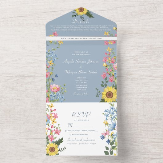 Kleurrijke tuin Wildflower bruiloft All In One Uitnodiging (Binnen)