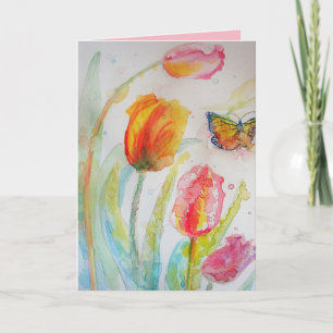 Kleurrijke Tulp en Vlinder Waterverf Groeten Kaart