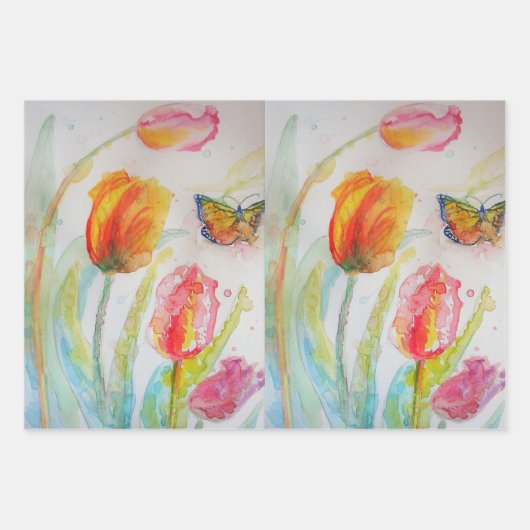 Kleurrijke Tulp-kunstbloem Waterverf Inpakpapier Vel (Voorkant)