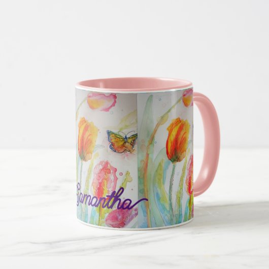 Kleurrijke Tulp Vlinder Waterverf  Mok (Voorkant rechts)