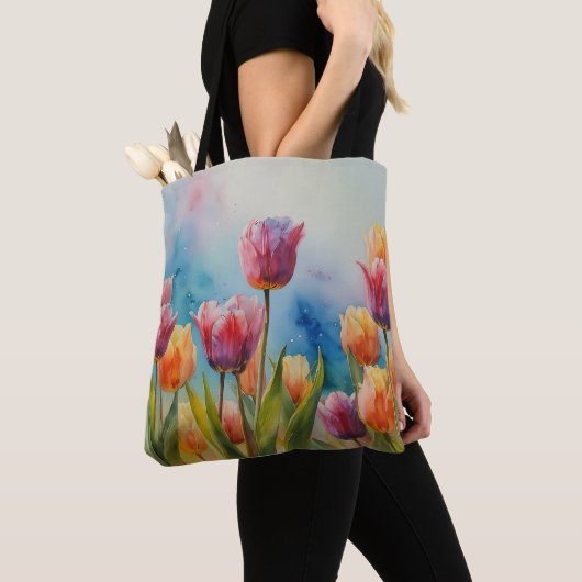 Kleurrijke tulpen canvas tas voor de lente (Dichtbij)