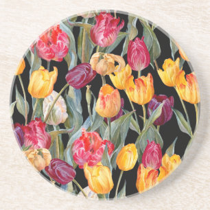 Kleurrijke tulpen, geïsoleerde zwarte achtergrond. zandsteen onderzetter