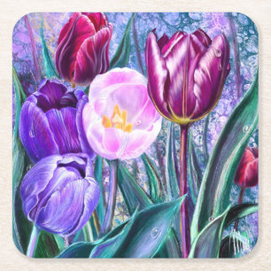 Kleurrijke Tulpen Papier Coasters Vierkante Kartonnen Onderzetter