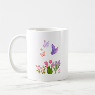Kleurrijke Tulpen & Vlinders Mok – Roze en Paars