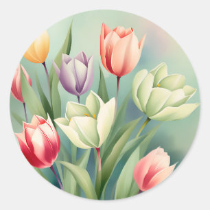 Kleurrijke Tulpen Waterverf Romantisch Ronde Sticker