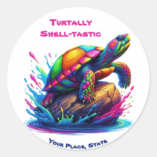 Kleurrijke Turtle Splash Ronde Sticker (Voorkant)