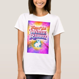 Kleurrijke Typografie Volg de Witte Konijn T-shirt