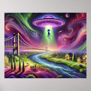 Kleurrijke UFO-ontvoeringsscène Alien en Kosmische Poster