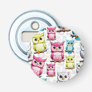 Kleurrijke Uil Vogels Witte achtergrond Patroon Button Flesopener